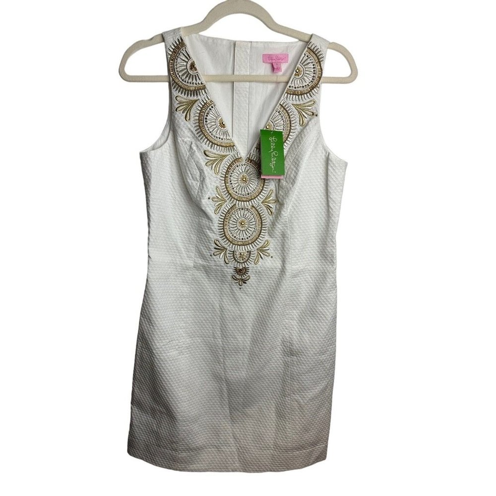 Lilly Pulitzer Gabby Shift Dress Resort White Gold Embroidered NEW Sz 4 $258 - Picture 2 of 8